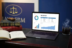 A laptop displaying an SEO report sits on a desk with law books
